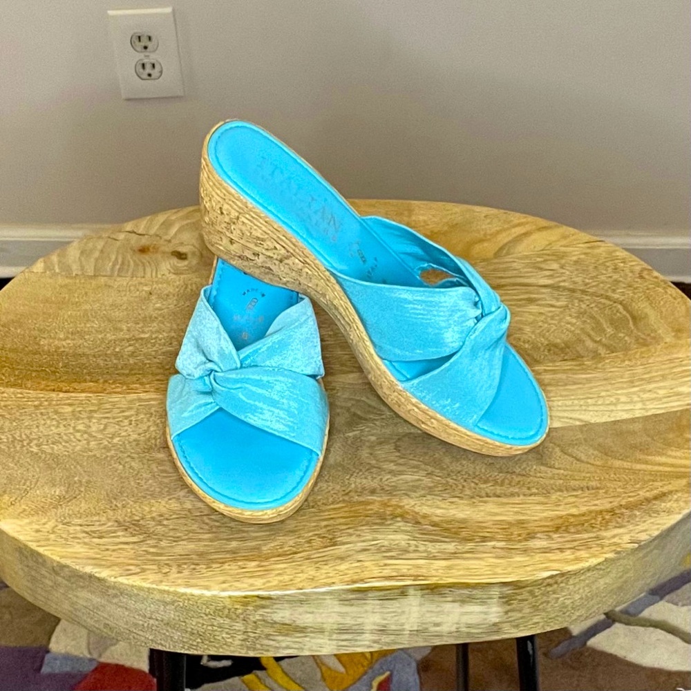 Blue Italian Shoemaker Open Toe Wedges, Size 6